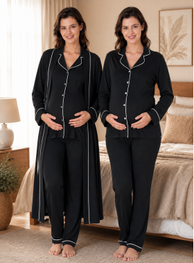 Effortt 8098 Siyah Uzun Kol Düğmeli Pamuklu Sabahlıklı Hamile Lohusa Pijama Takımı